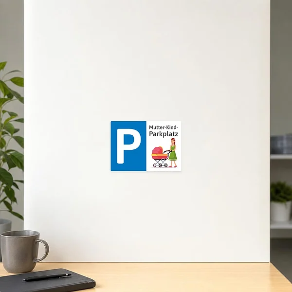 Illustration eines Mutter-Kind-Parkplatzes als Aufkleber mit großem P und Frau mit Kinderwagen.