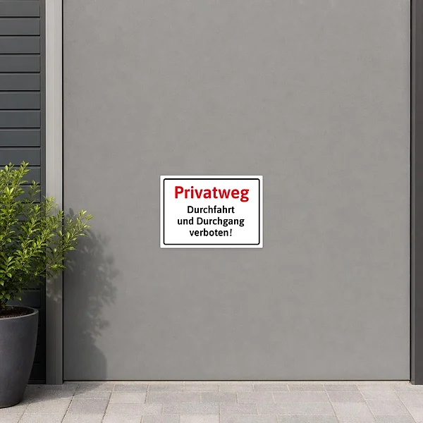 Querformatiger Hinweisaufkleber für Privatwege mit dem Text: Privatweg, Durchfahrt und Durchgang verboten.