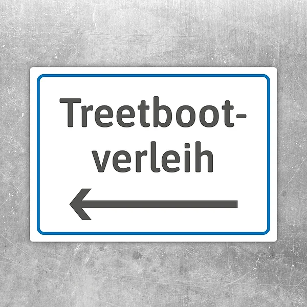 Aufkleber mit Text Tretbootverleih und Pfeil nach links als klarer Hinweis zur Wegführung.