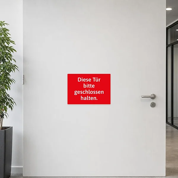 Rechteckiger Aufkleber mit dem Hinweis „Diese Tür bitte geschlossen halten“ für Türen in Fluren und Nebenräumen.