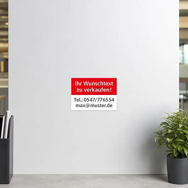 Roter und weißer Aufkleber mit Wunschtext zu verkaufen für Haus, Wohnung oder Auto.