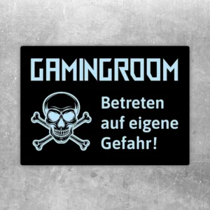 Aufkleber Gamingroom mit Skull-Motiv und dem Hinweis Betreten auf eigene Gefahr