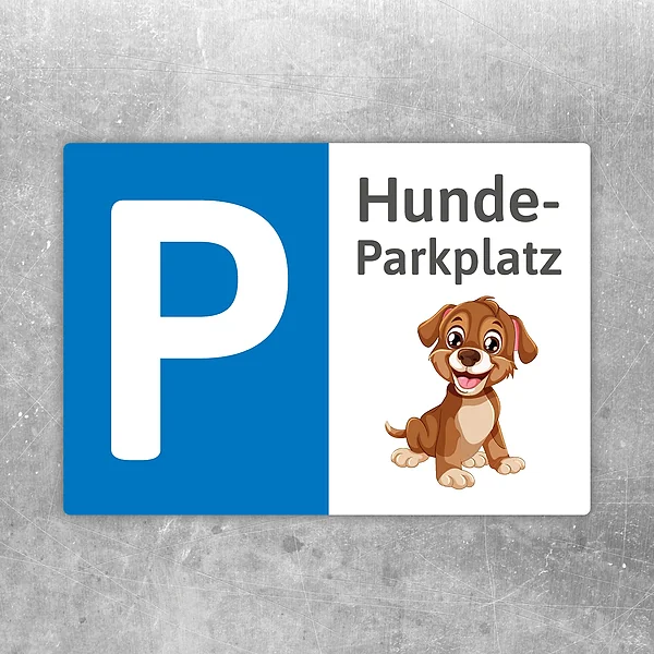 Aufkleber mit Parkplatzsymbol, Hundeparkplatz-Text und freundlichem Hundebild.