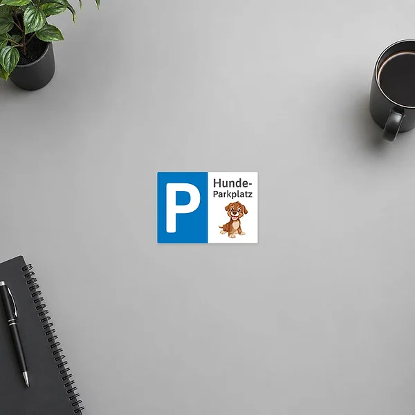 Querformatiger Aufkleber für den Hundeparkplatz mit großem P und lächelndem Hundemotiv.