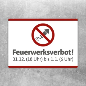 Aufkleber Feuerwerksverbot mit Verbotssymbol und Text für klare Hinweise an Eingängen und Zufahrten.