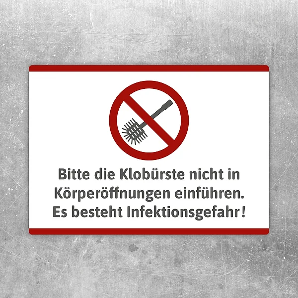 Witziger Aufkleber mit Klobürste und Hinweis, sie nicht in Körperöffnungen einzuführen.