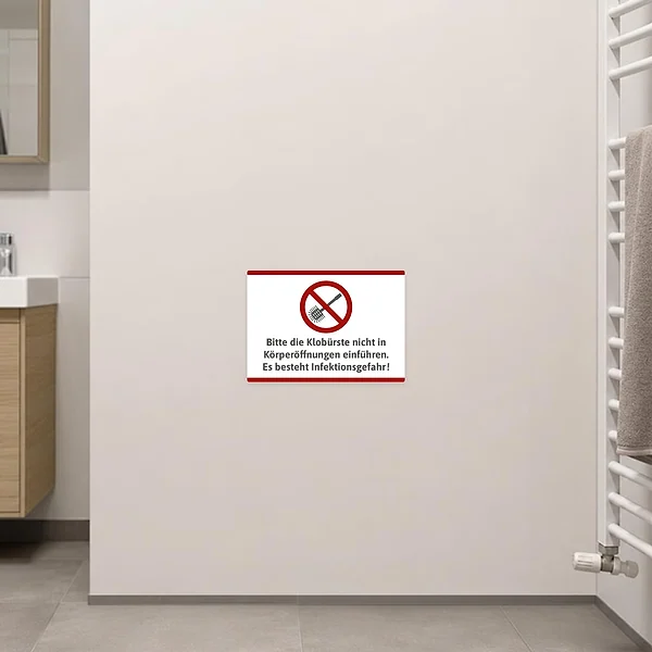 Aufkleber für das WC mit Klobürsten-Motiv und humorvoller Warnbotschaft im Badezimmer.
