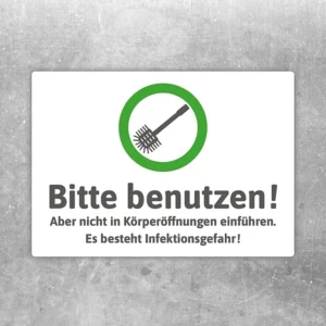 Aufkleber mit Klobürste und Warntext gegen die Nutzung in Körperöffnungen mit Infektionsgefahr.