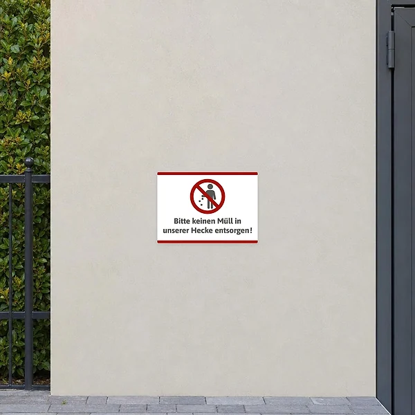 Querformatiger Aufkleber mit Verbotssymbol und Text: Bitte keinen Müll in unserer Hecke entsorgen.