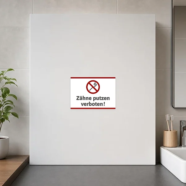Aufkleber mit dem Hinweis Zähne putzen verboten an einer Tür in einem sensiblen Hygienebereich.