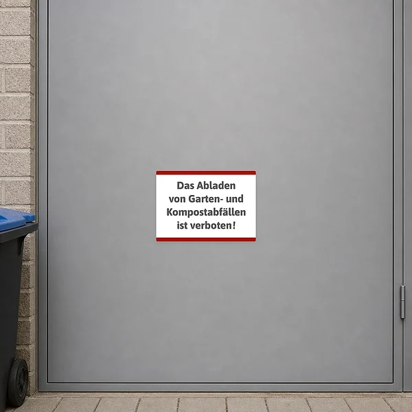 Querformatiger Aufkleber mit Verbotsmotiv für Garten- und Kompostabfälle an Einfahrt oder Sammelplatz.