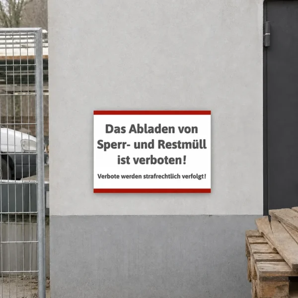 Ein Verbotsschild gegen das Abladen von Sperr- und Restmüll an einer Hauswand oder Grundstücksgrenze im Außenbereich.