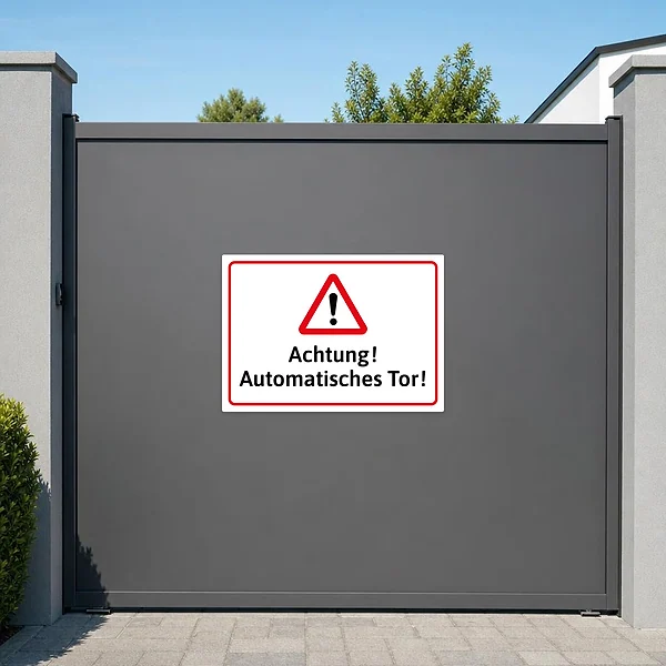 Weiße Warnaufkleber-Szene mit rotem Dreieck und dem Hinweis „Achtung! Automatisches Tor!“ an einer Toranlage.