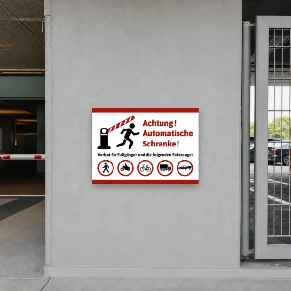 Ein Warnschild an einer Zufahrt mit automatischer Schranke, das Fußgänger und bestimmte Fahrzeuge vom Passieren abhält.