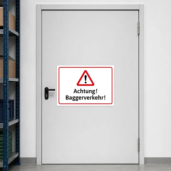Baustellen-Aufkleber mit Warnsymbol und Text Achtung! Baggerverkehr! für Maschinenverkehr