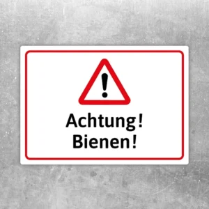 Achtung Bienen Aufkleber mit rotem Warnsymbol und dem Text „Achtung! Bienen!“