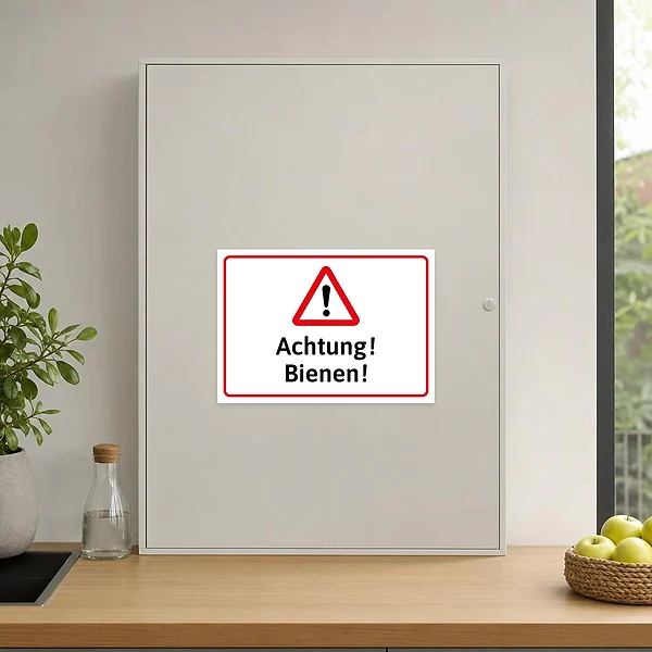 Warnaufkleber für Imkerei und Garten mit rotem Dreieck, Ausrufezeichen und dem Hinweis „Achtung! Bienen!“