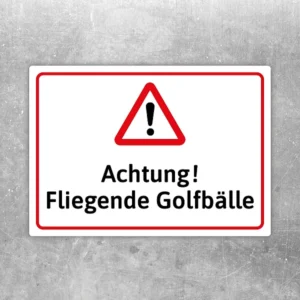 Warnaufkleber mit Text Achtung! Fliegende Golfbälle für den Golfplatz.