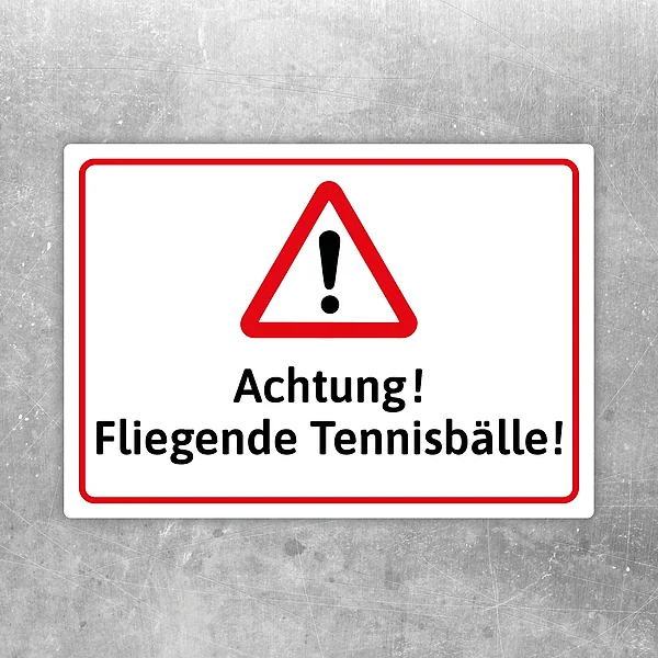 Warnaufkleber mit dem Text Achtung! Fliegende Tennisbälle! für Tennisplätze und Sportanlagen.