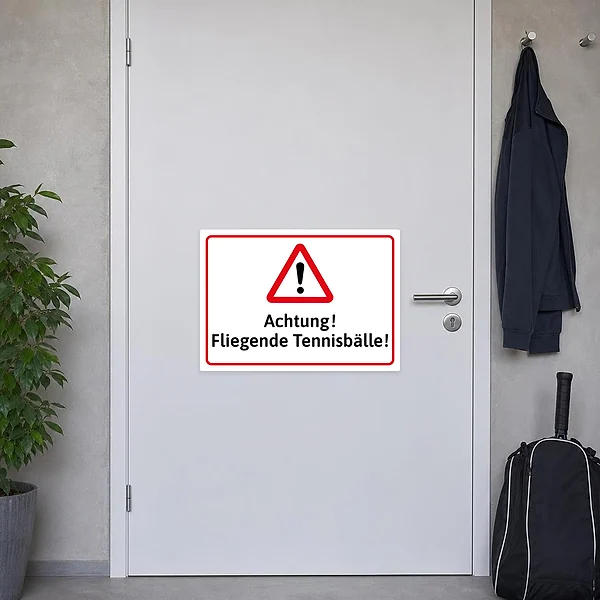 Roter und schwarzer Warnaufkleber mit Tennisball-Hinweis für den Einsatz am Tennisplatz.
