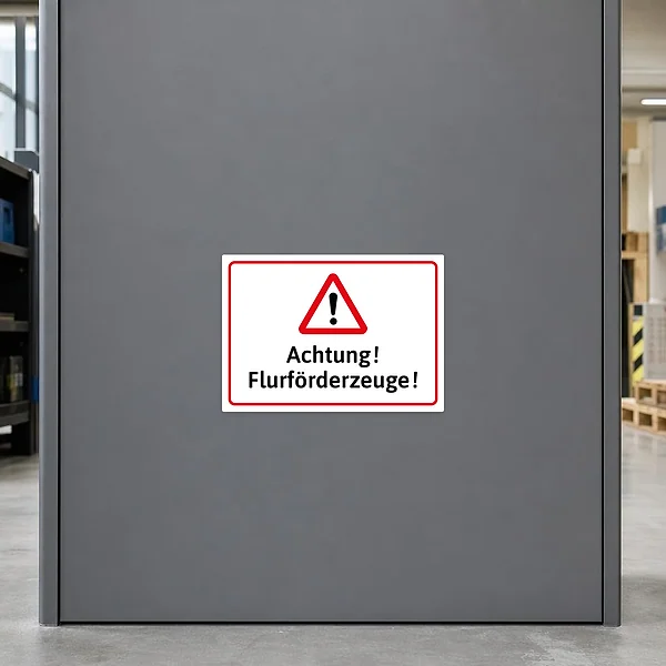Querformatiger Warnaufkleber mit rotem Dreieck und dem Hinweis Achtung Flurförderzeuge für Betriebswege