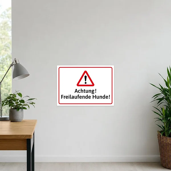 Warnaufkleber mit Dreiecksymbol und dem Text Achtung! Freilaufende Hunde für Tor oder Eingang.