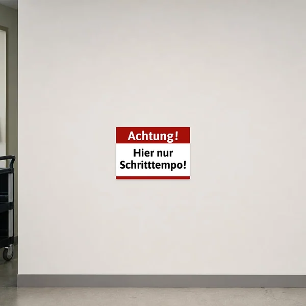 Warnender Aufkleber für Einfahrt oder Hof mit der Aufschrift Achtung! Hier nur Schritttempo.