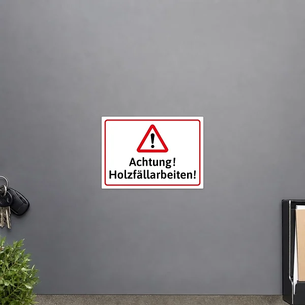 Achtung Holzfällarbeiten Aufkleber mit rotem Warndreieck für Waldarbeiten und gesperrte Bereiche.