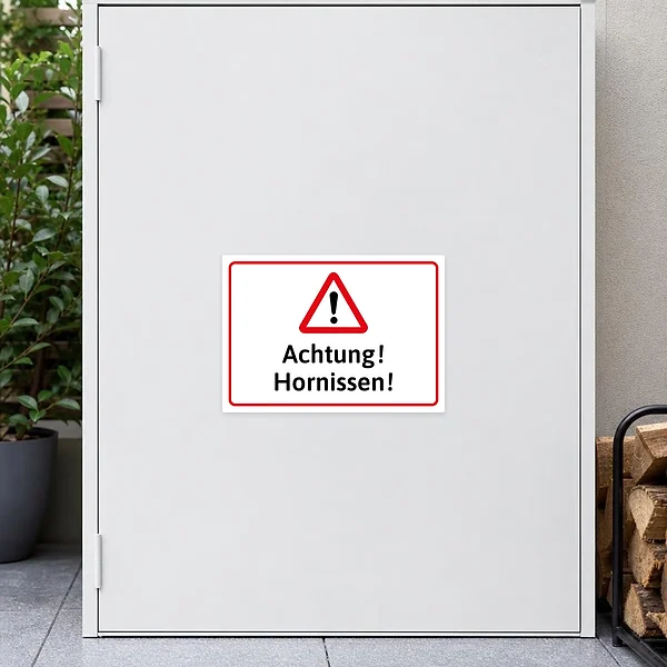 Warnaufkleber mit dem Text Achtung Hornissen für Eingänge, Gartenhäuser und gefährdete Bereiche
