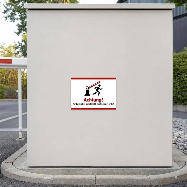 Hinweisaufkleber für Zufahrten mit automatischer Schranke und laufender Figur