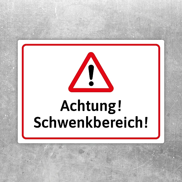 Achtung Schwenkbereich Aufkleber mit rotem Warndreieck und klarer Maschinenwarnung.
