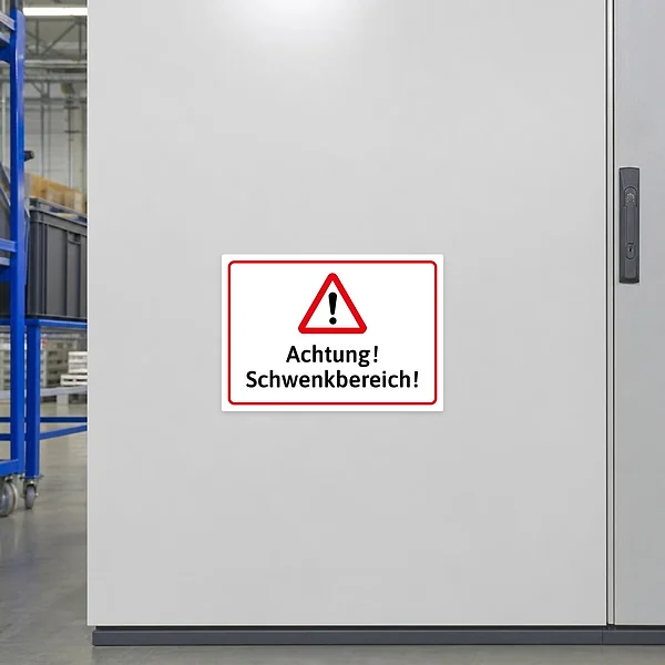 Warnaufkleber „Achtung! Schwenkbereich!“ für Maschinen, Tore und bewegte Arbeitsbereiche.