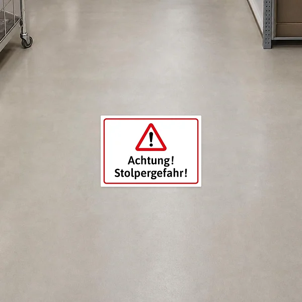 Querformatiger Warnaufkleber mit Warnsymbol und dem Hinweis Achtung! Stolpergefahr! für gefährdete Laufwege.