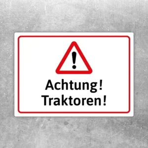 Achtung Traktoren Aufkleber mit Warnsymbol und deutlich lesbarem Hinweistext in Rot, Weiß und Schwarz.