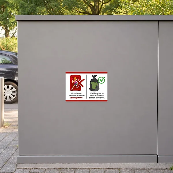 Querformat-Aufkleber für den Altkleidercontainer mit Warnsymbol, Verbot zum Hineinklettern und Hinweis auf verschlossene Säcke.