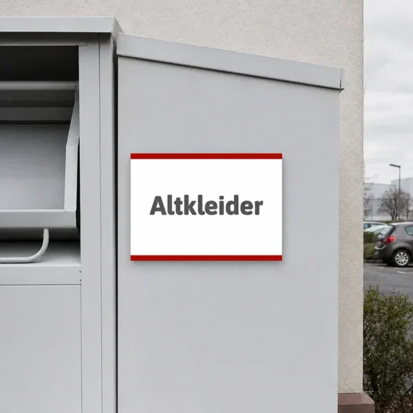 Querformatiges Hinweisschild für eine Altkleider-Sammelstelle am Container im Außenbereich mit klar lesbarer Beschriftung