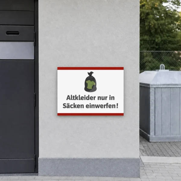 Hinweisschild an einem Altkleidercontainer, das Besucher auffordert, Kleidung nur in Säcken einzuwerfen.