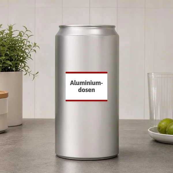 Hinweisaufkleber mit der Aufschrift Aluminiumdosen für eine klare Kennzeichnung von Wertstoffbehältern.
