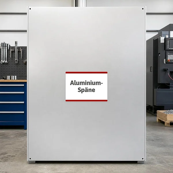 Querformatiger Aufkleber mit dem Hinweis Aluminium-Späne für Werkstatt, Fertigung und Sammelbereiche.