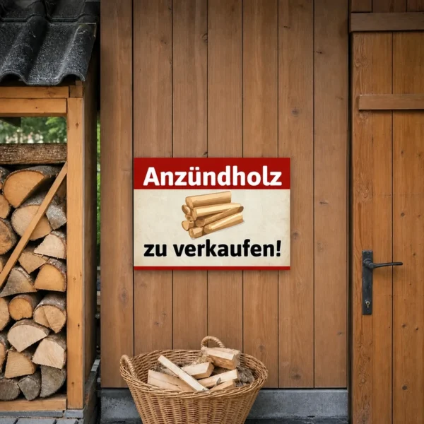 Ein Verkaufsschild für Anzündholz an einem Hof- oder Verkaufsstand, gut sichtbar angebracht und von Kunden sofort als Angebot erkannt.
