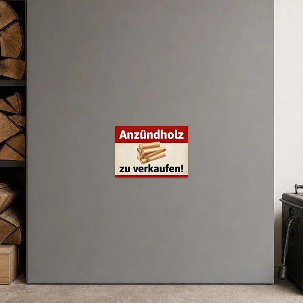 Querformatiger Aufkleber mit Anzündholz-Motiv und klarer Verkaufsbotschaft für Holzvorräte.