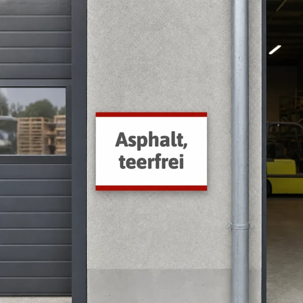 Ein beschriftetes Hinweisschild für einen Container- oder Baustellenbereich zur Kennzeichnung von teerfreiem Asphalt.