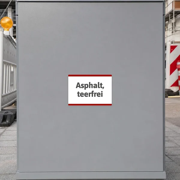 Querformatiger Aufkleber mit dem Hinweis Asphalt, teerfrei für Baustellen und Materialcontainer