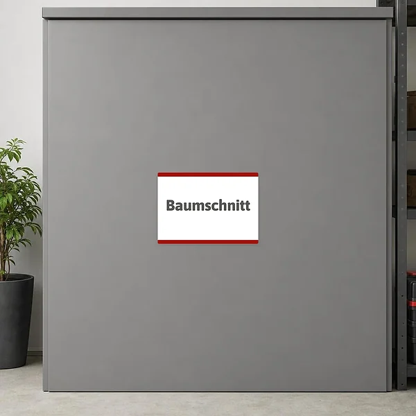 Querformatiger Baumschnitt Aufkleber mit weißem Feld, dunkelgrauem Text und rotem Rahmen für Forstarbeiten.