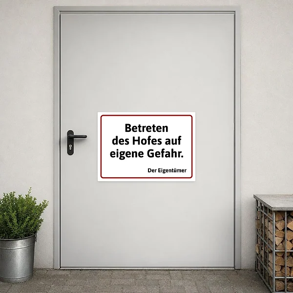 Warnaufkleber für eine Hofeinfahrt mit dem Hinweis Betreten des Hofes auf eigene Gefahr.