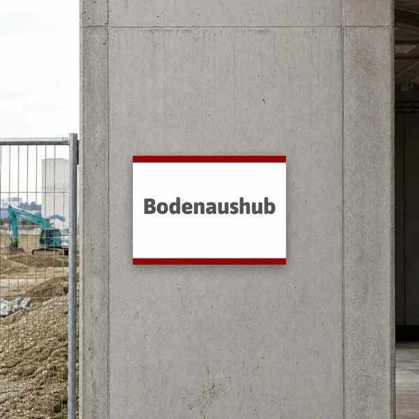 Hinweisschild Bodenaushub an einer Baustelle oder einem Lagerplatz für Aushubmaterial montiert