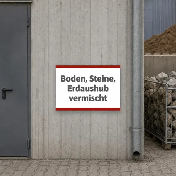 Ein weißes Hinweisschild mit rotem Rand an einer Baustellen- oder Containerfläche, das gemischten Boden, Steine und Erdaushub kennzeichnet.