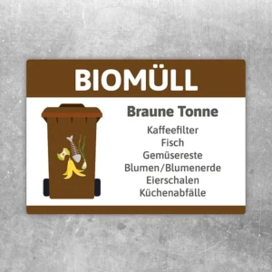 Biomüll Aufkleber mit Braune-Tonne-Hinweis und typischen Küchenabfällen als Motiv.