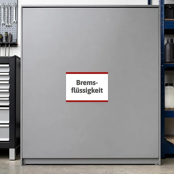 Querformatiger Aufkleber mit dem Motivtext Bremsflüssigkeit für Werkstatt und Bremsanlagen-Kennzeichnung.