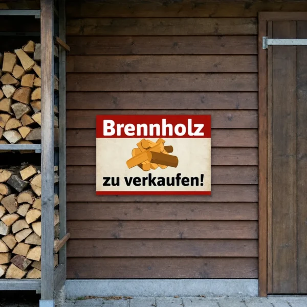 Brennholz-Schild an einer Hofeinfahrt als Hinweis auf einen Holzverkaufsplatz im ländlichen Bereich